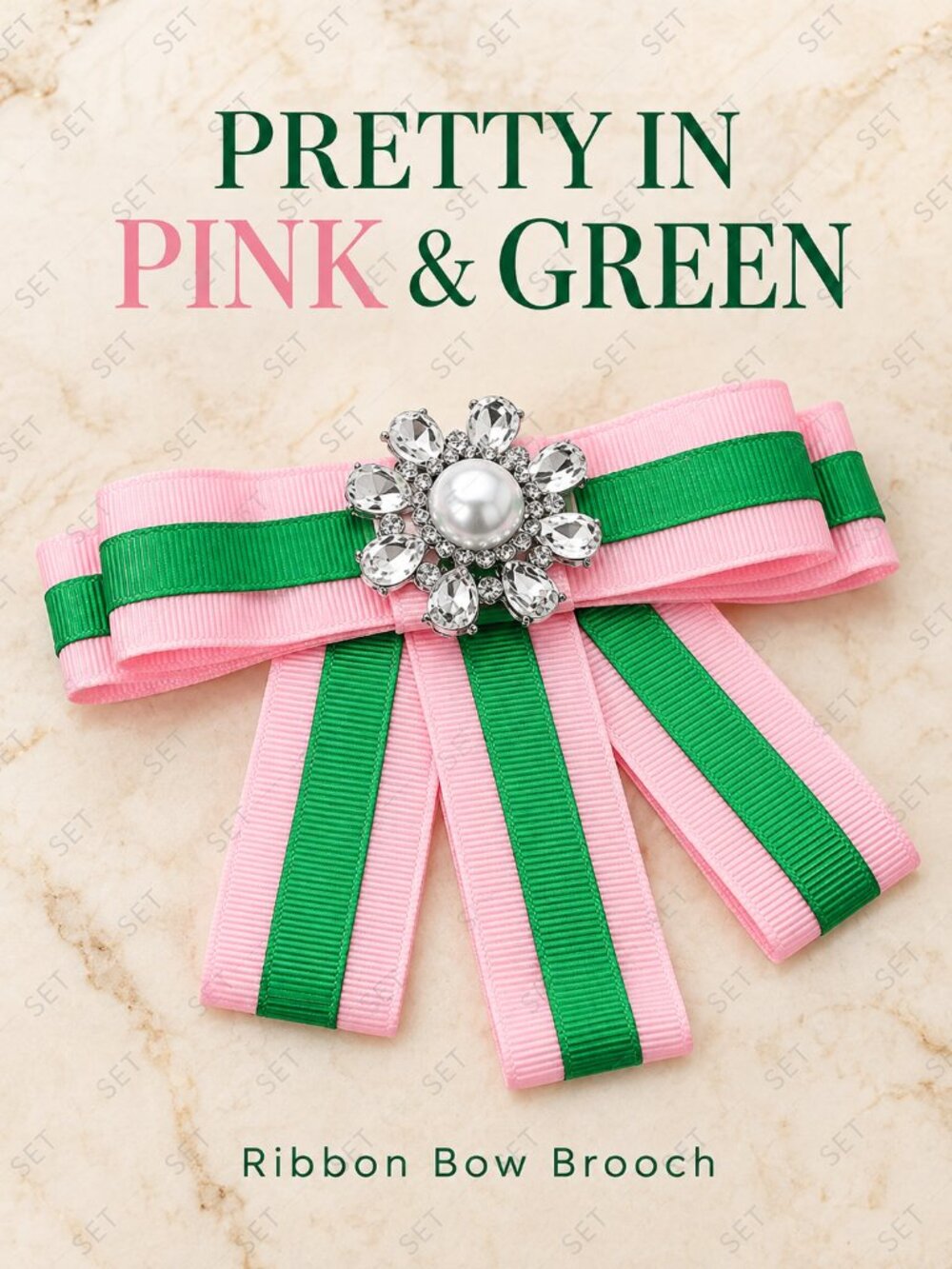 Pink Green Ribbon Bow Brooch Pearl AKA Inspired Flower Statement Pin
